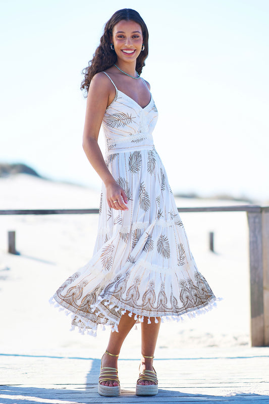 Yumi Ivory Foil Print Midi Sun Dress With Lace Trims Beachwear Yumi