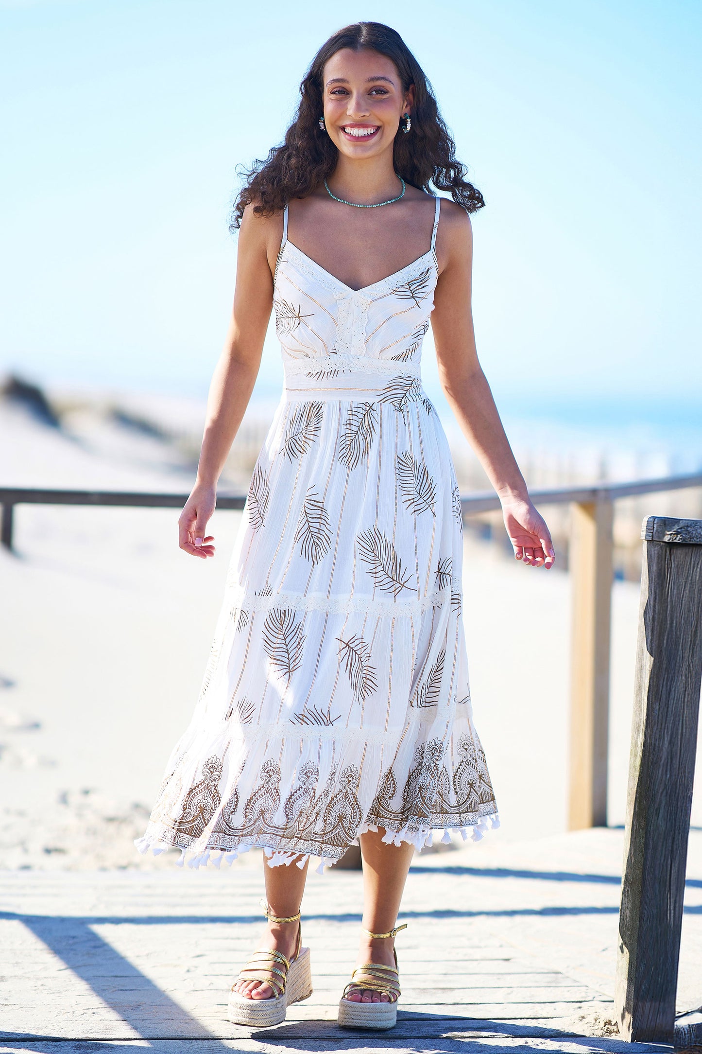 Yumi Ivory Foil Print Midi Sun Dress With Lace Trims Beachwear Yumi