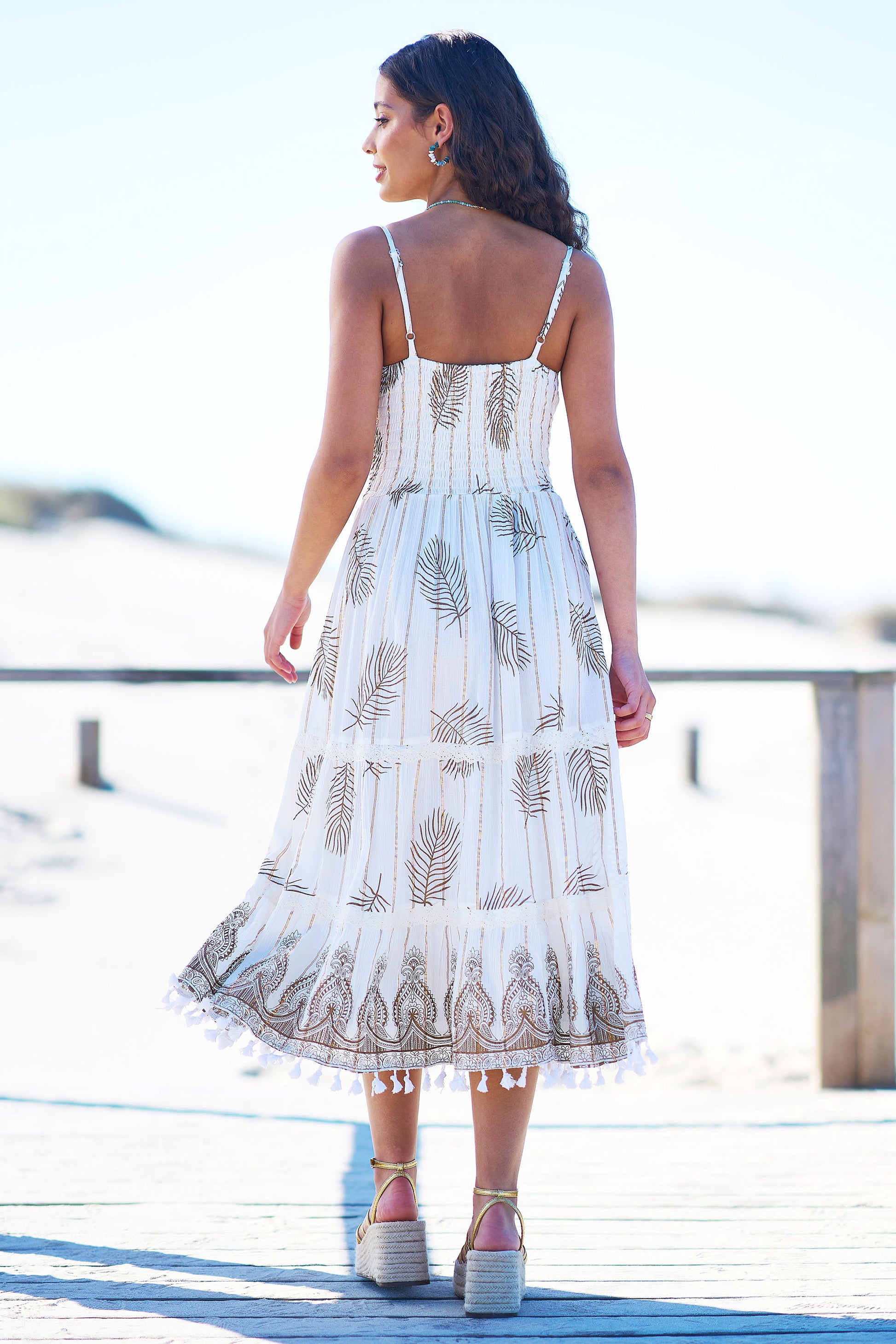 Yumi Ivory Foil Print Midi Sun Dress With Lace Trims Beachwear Yumi