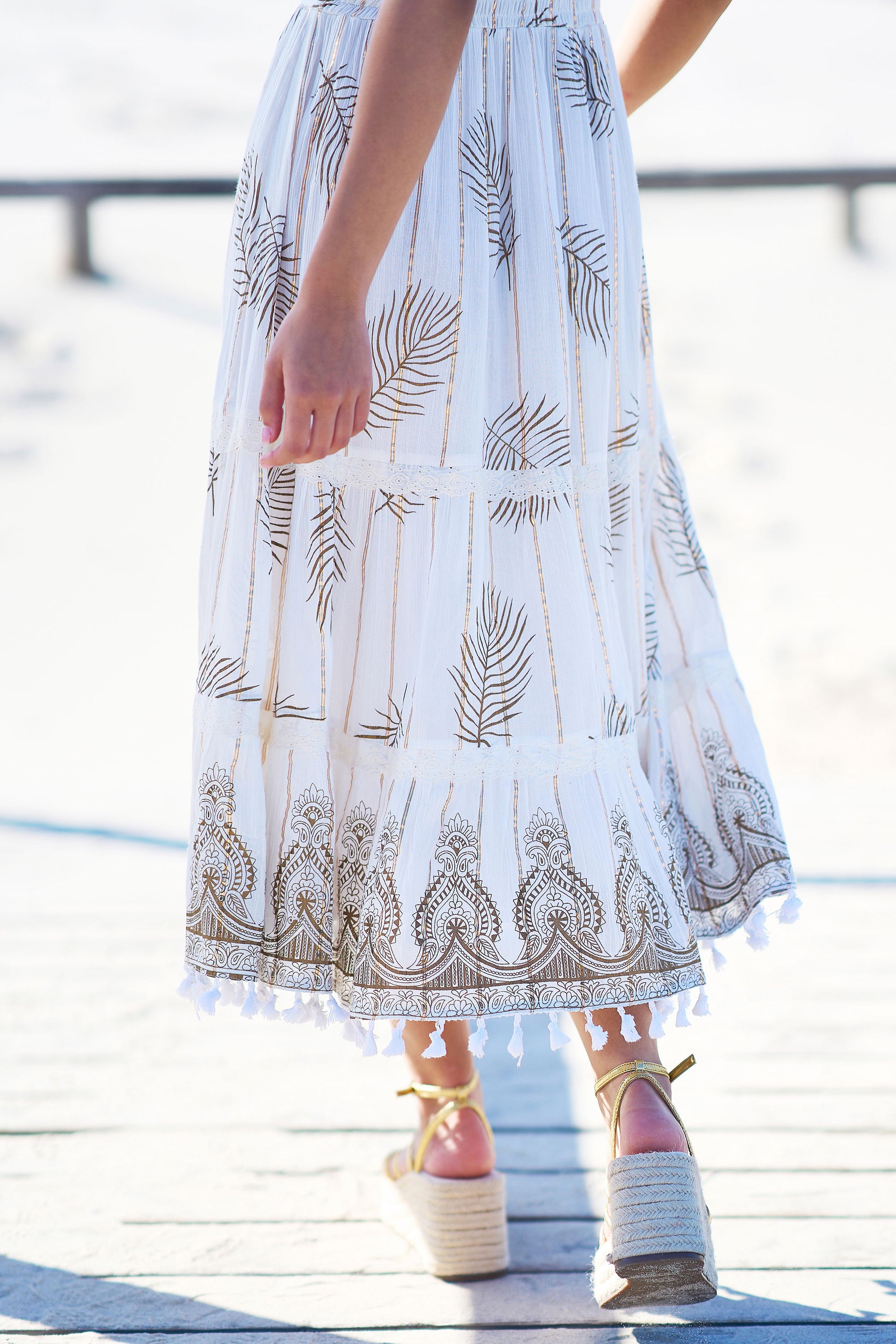 Yumi Ivory Foil Print Midi Sun Dress With Lace Trims Beachwear Yumi