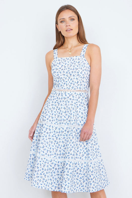 Yumi White Ditsy Floral Cotton Midi Sun Dress With Lace Trims Beachwear Yumi