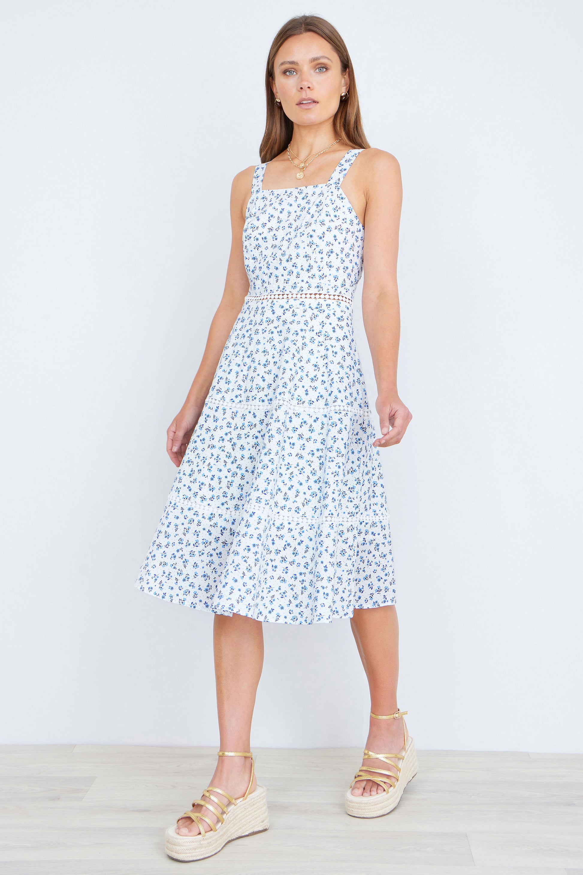 Yumi White Ditsy Floral Cotton Midi Sun Dress With Lace Trims Beachwear Yumi