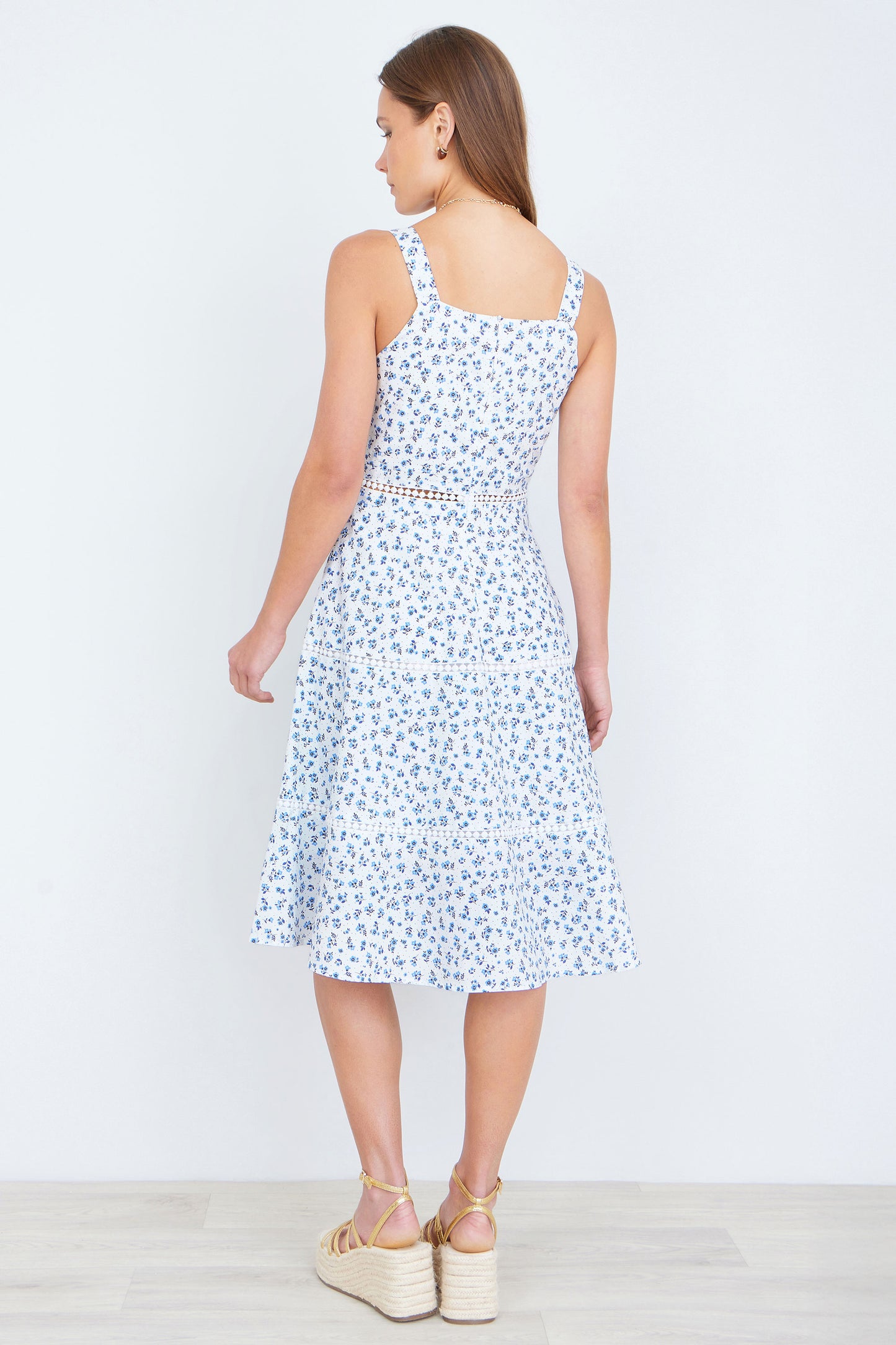 Yumi White Ditsy Floral Cotton Midi Sun Dress With Lace Trims Beachwear Yumi