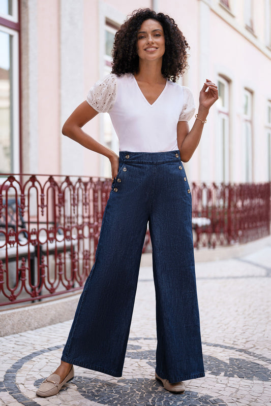 Yumi Blue Chambray Wide Leg Trousers With Button Details TROUSER Yumi