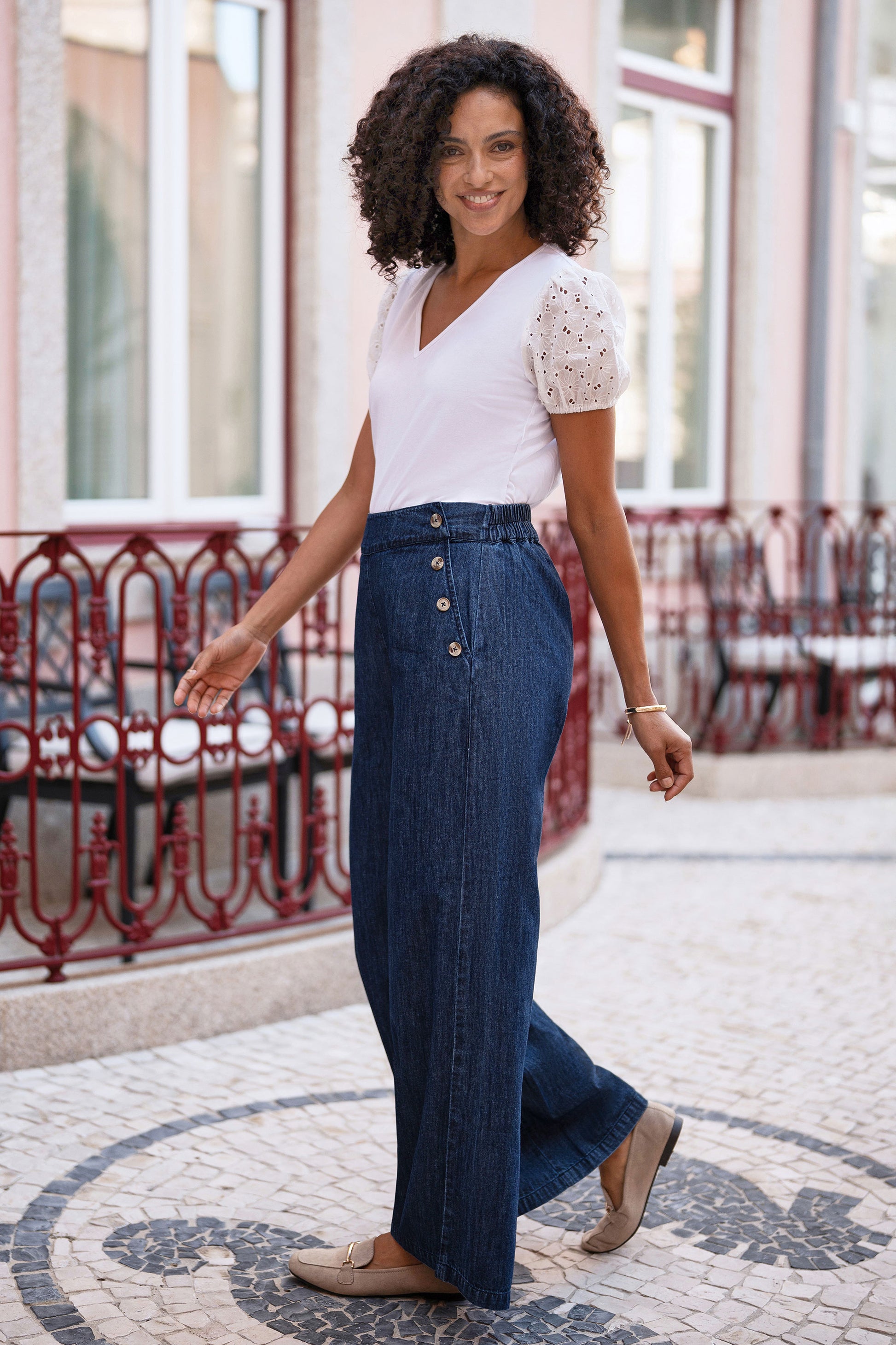 Yumi Blue Chambray Wide Leg Trousers With Button Details TROUSER Yumi