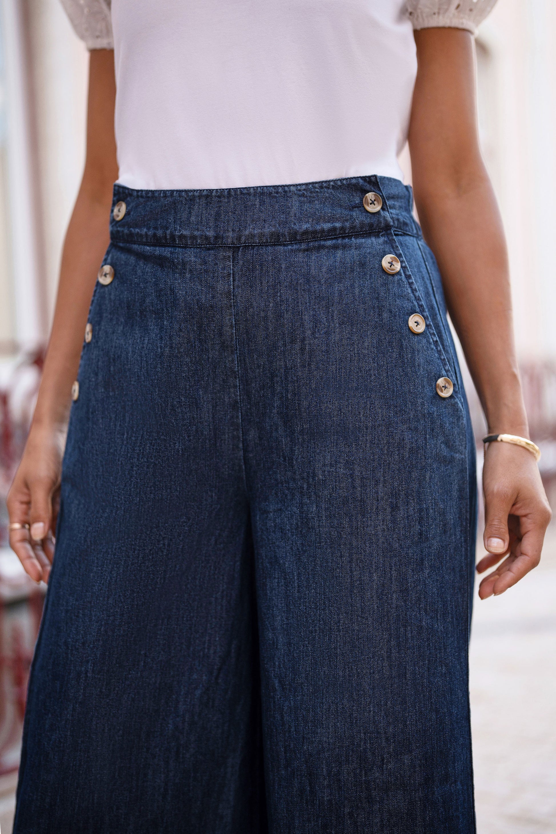 Yumi Blue Chambray Wide Leg Trousers With Button Details TROUSER Yumi