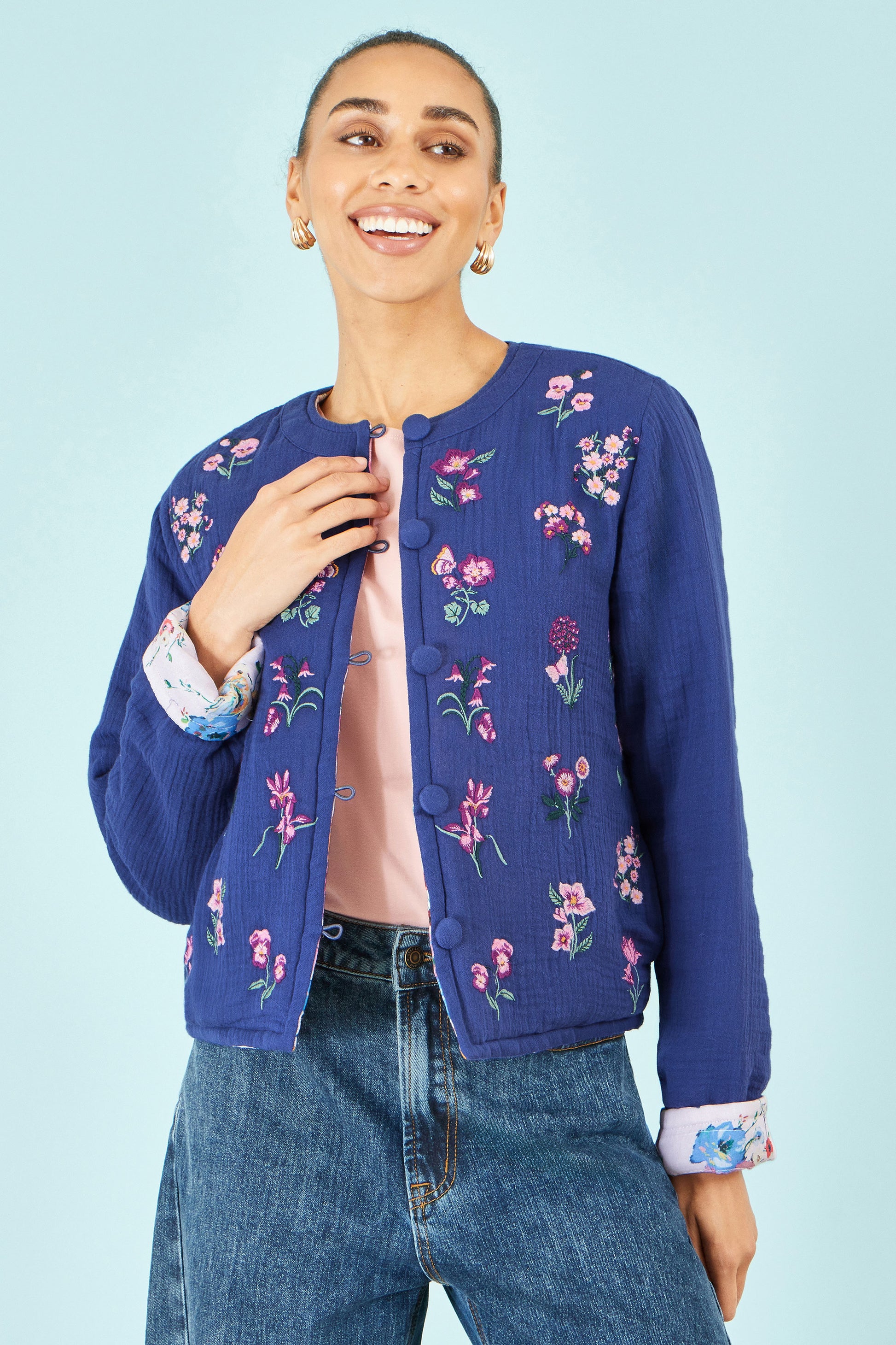 Yumi Blue Floral Embroidery Cotton Jacket Outerwear Yumi
