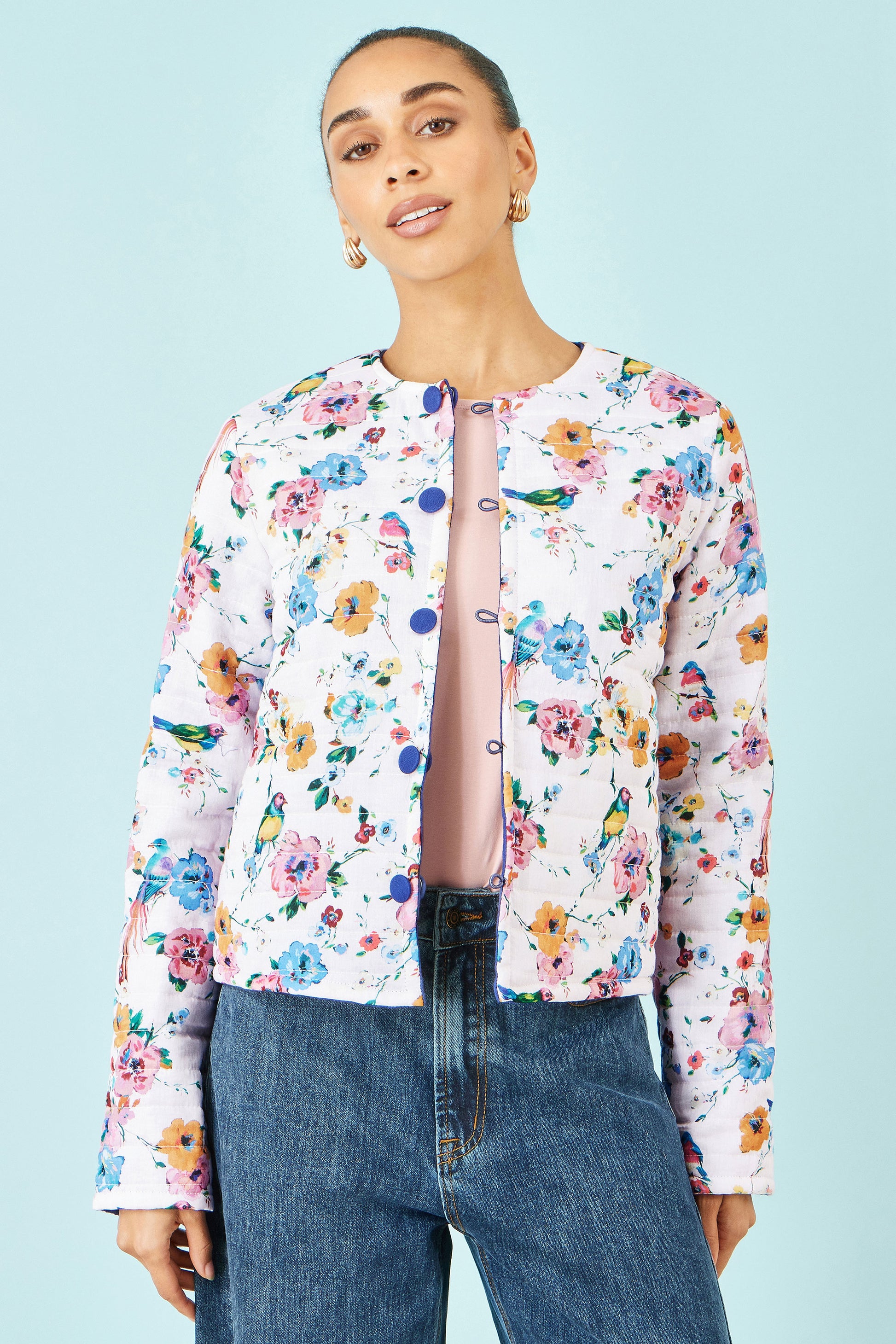 Yumi Blue Floral Embroidery Cotton Jacket Outerwear Yumi