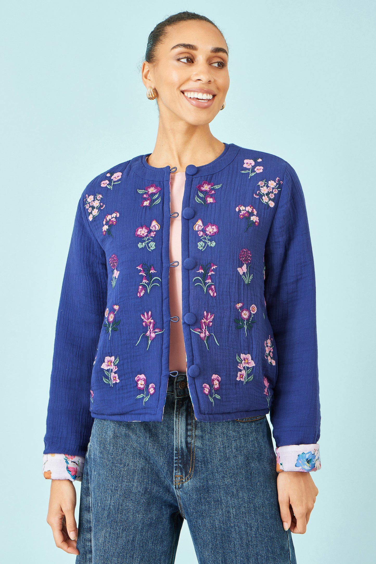 Yumi Blue Floral Embroidery Cotton Jacket Outerwear Yumi