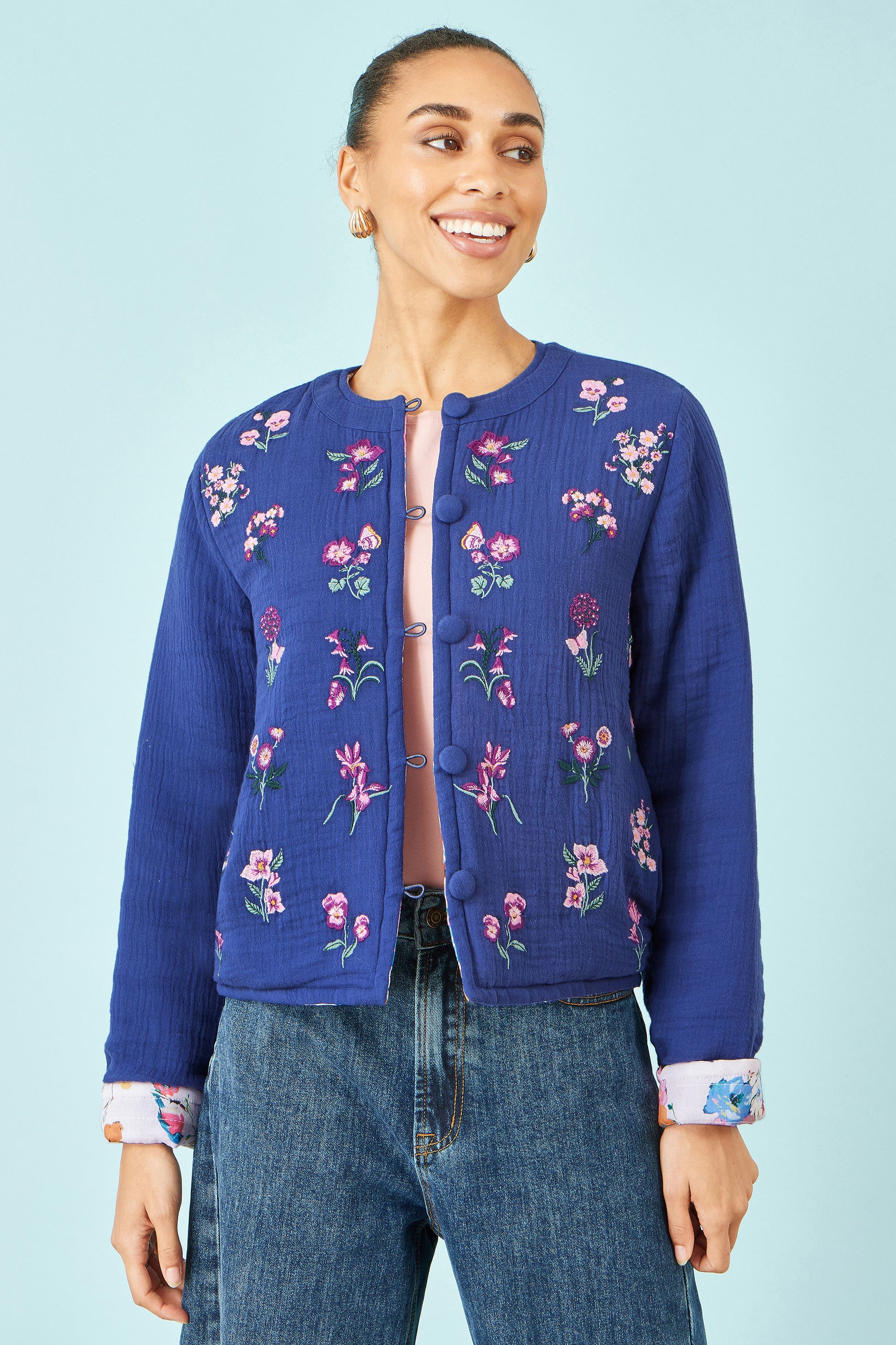 Yumi Blue Floral Embroidery Cotton Jacket Outerwear Yumi