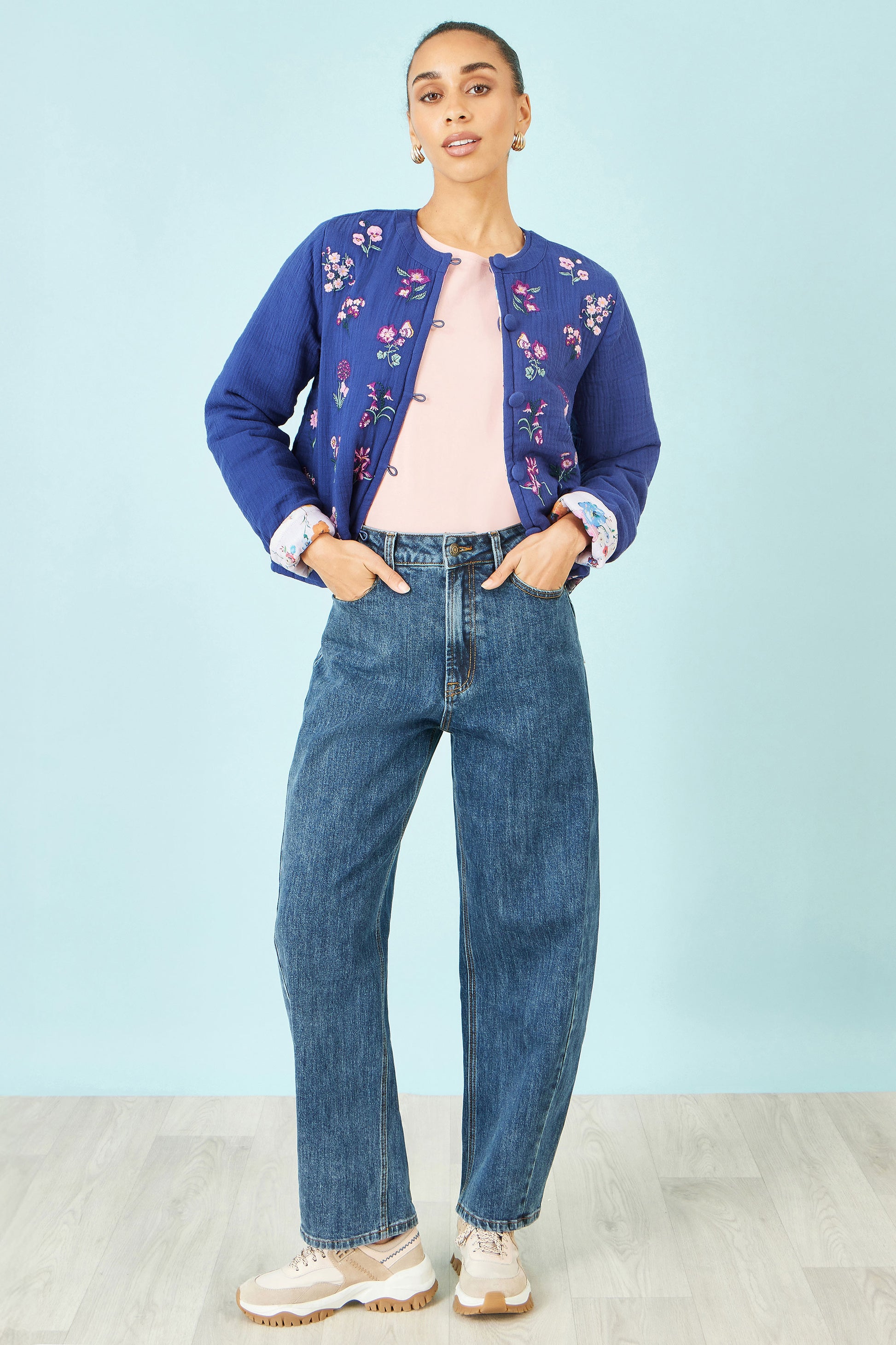 Yumi Blue Floral Embroidery Cotton Jacket Outerwear Yumi