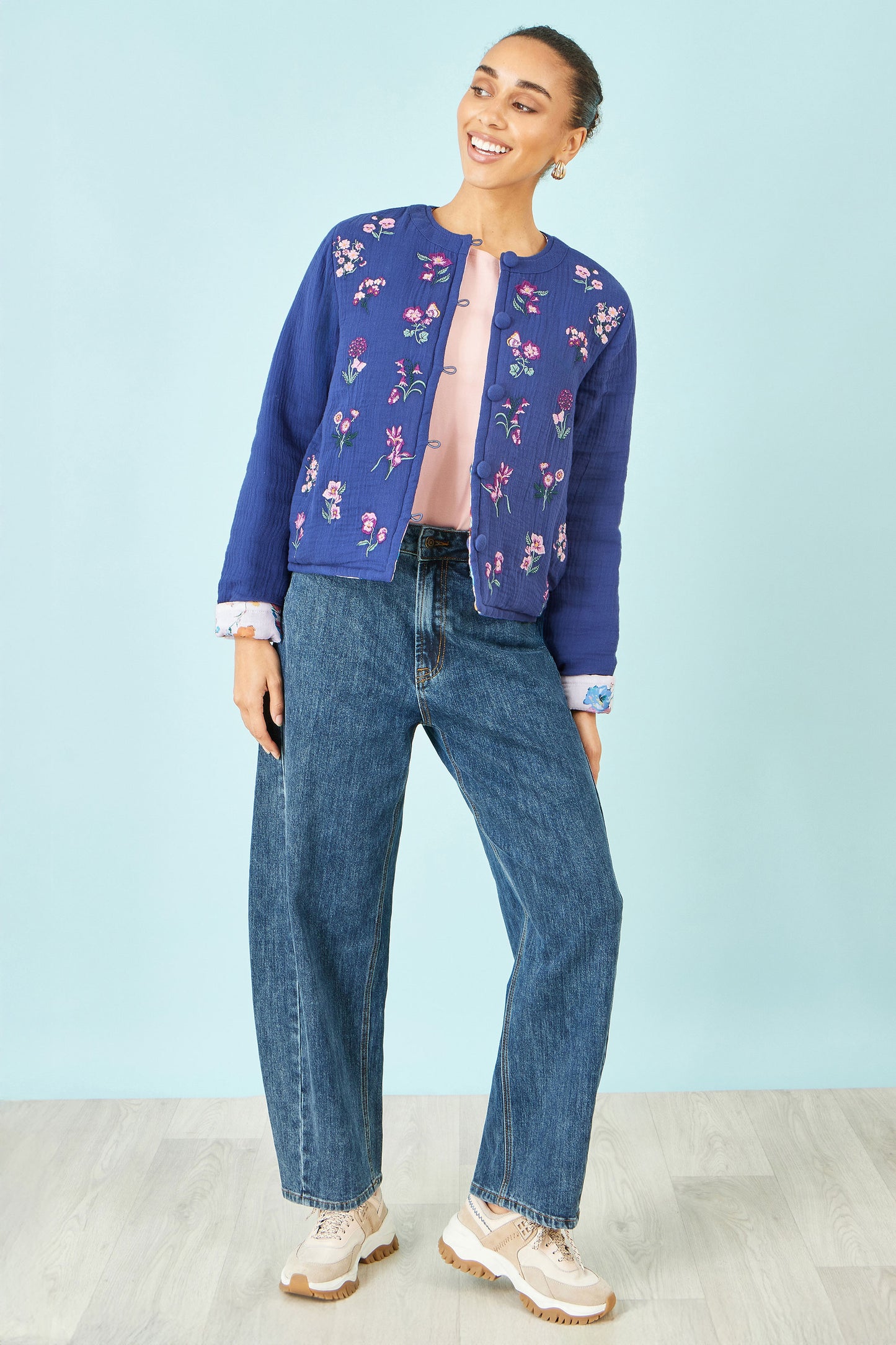 Yumi Blue Floral Embroidery Cotton Jacket Outerwear Yumi