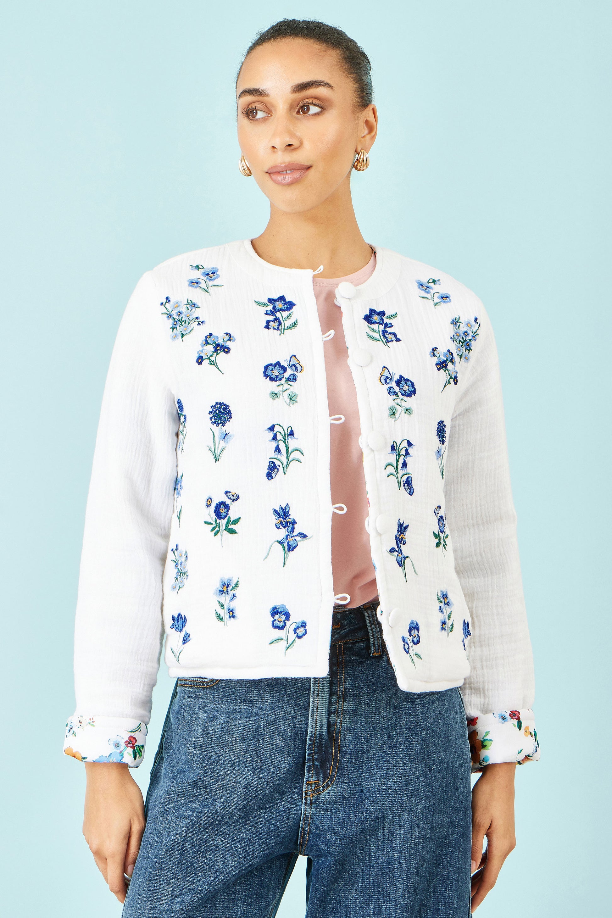 Yumi White Floral Embroidery Reversible Cotton Jacket JACKET Yumi