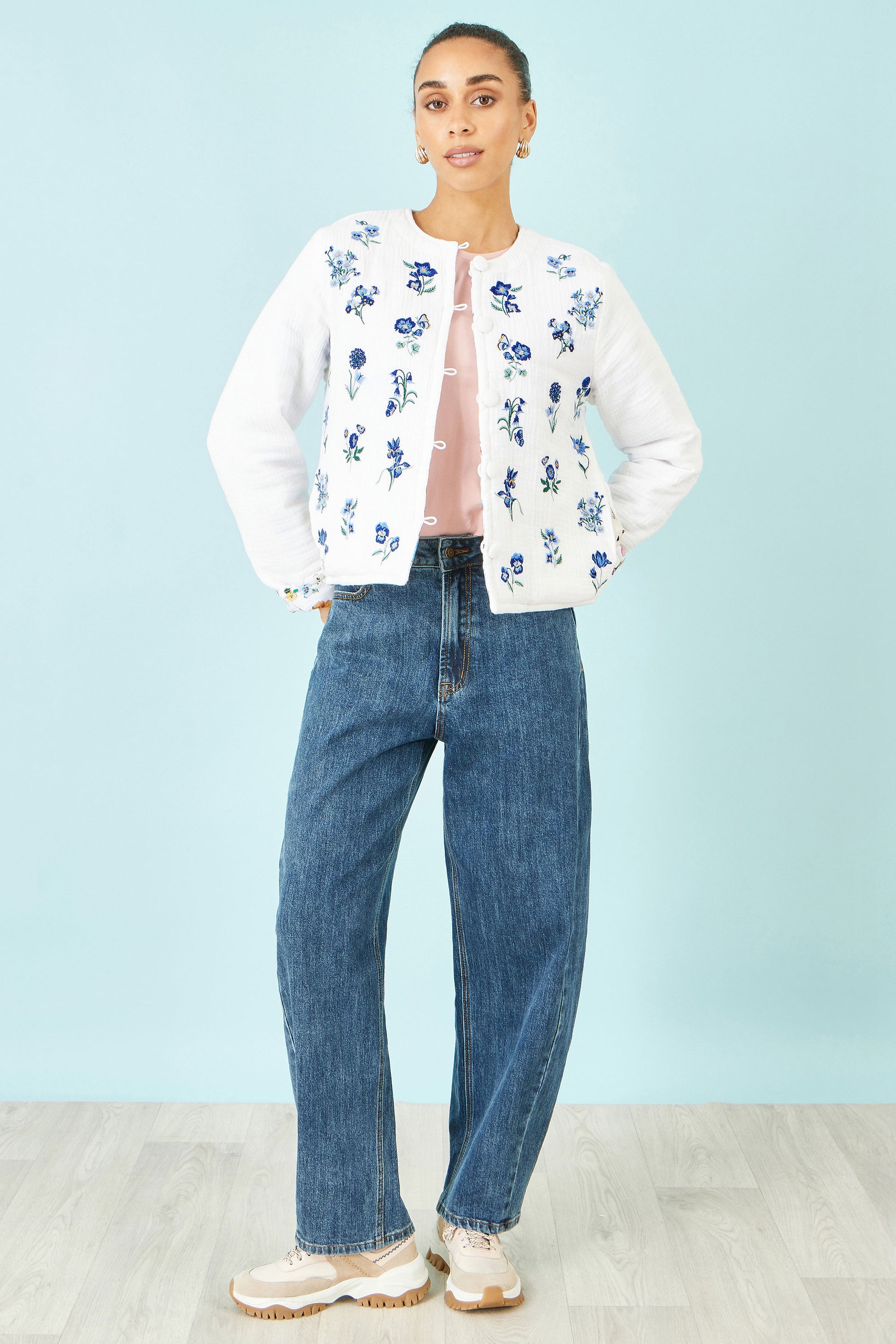 Yumi White Floral Embroidery Reversible Cotton Jacket JACKET Yumi
