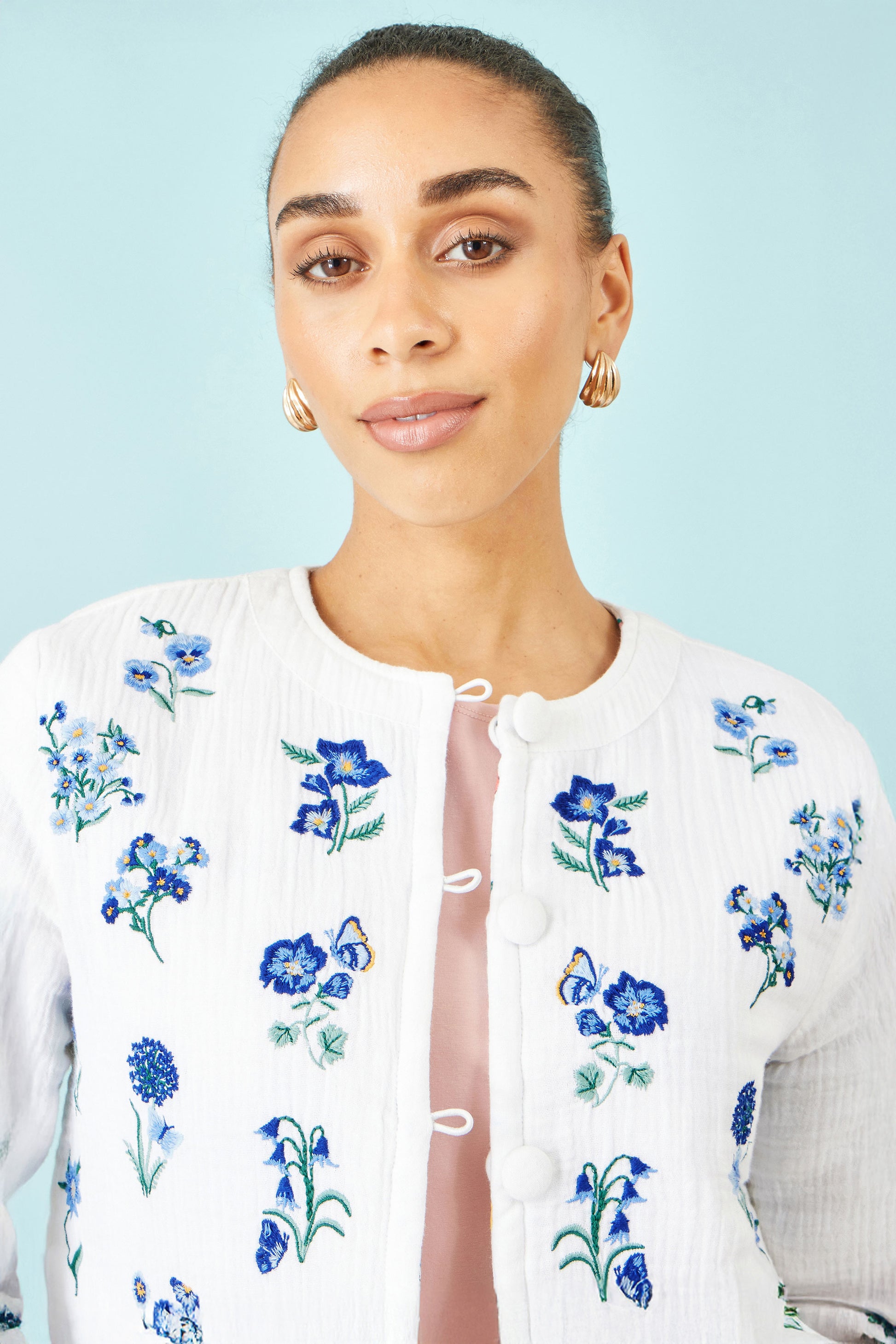 Yumi White Floral Embroidery Reversible Cotton Jacket JACKET Yumi