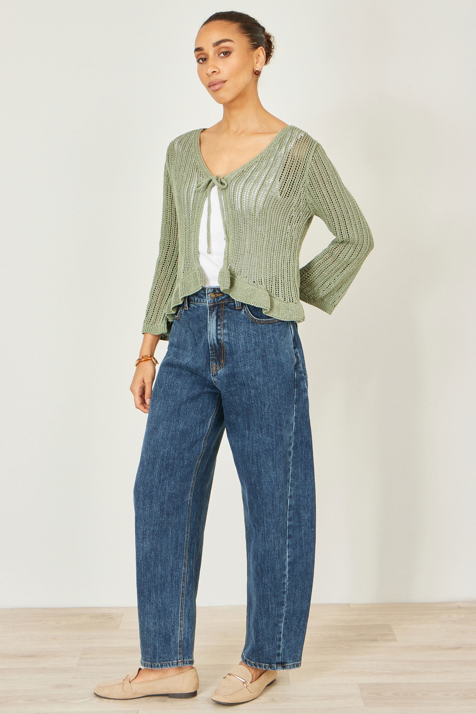 Yumi Beige Tie Front Pointelle Cardigan | Yumi