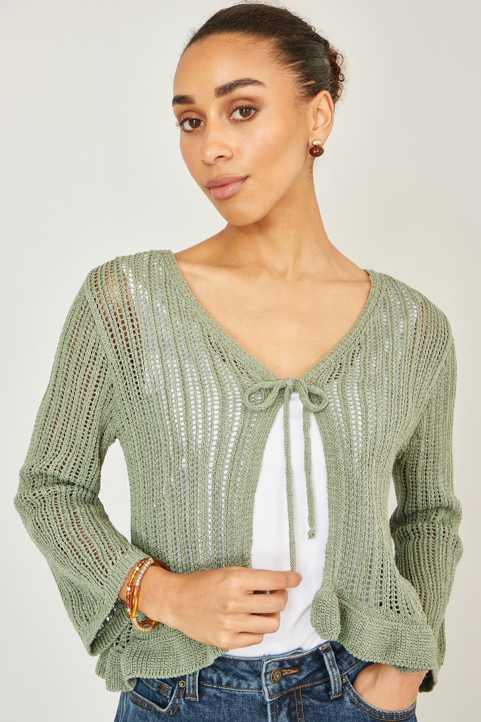 Yumi Green Tie Front Pointelle Cardigan Knit Cardigan Yumi