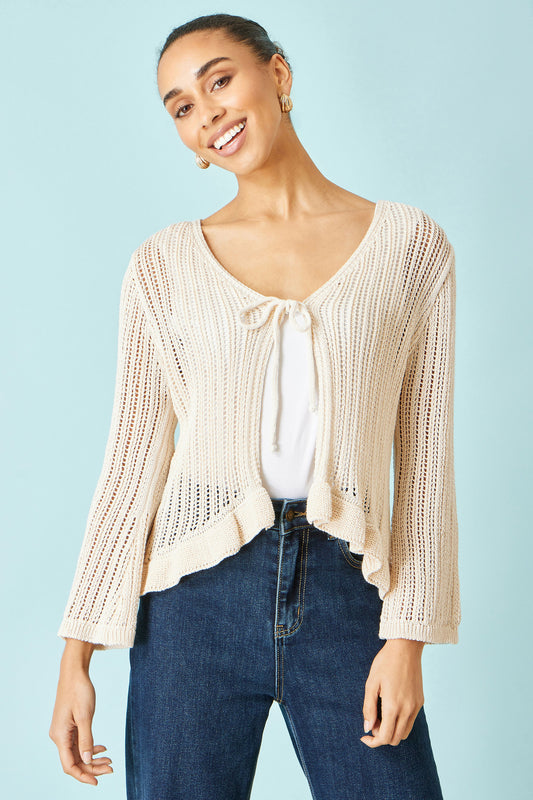Yumi Beige Tie Front Pointelle Cardigan Knit Cardigan Yumi