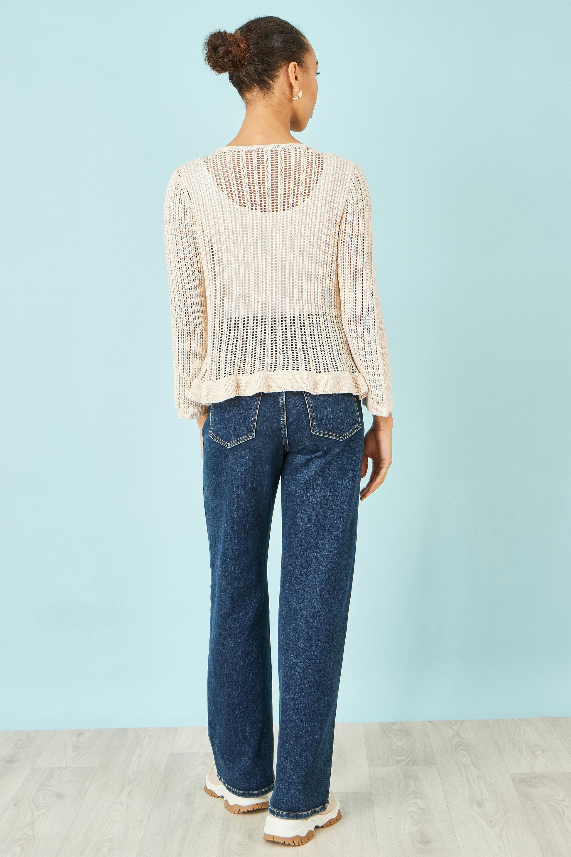 Yumi Beige Tie Front Pointelle Cardigan Knit Cardigan Yumi