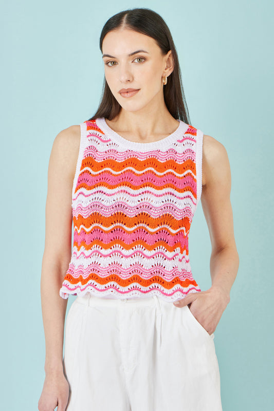 Yumi Orange Stripe Crochet Stripe Vest Top