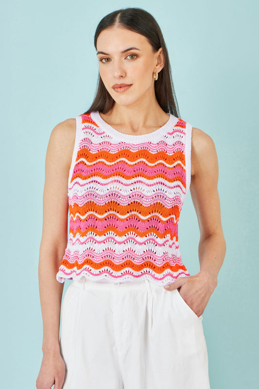 Yumi Orange Stripe Crochet Stripe Vest Top Knit Top Yumi