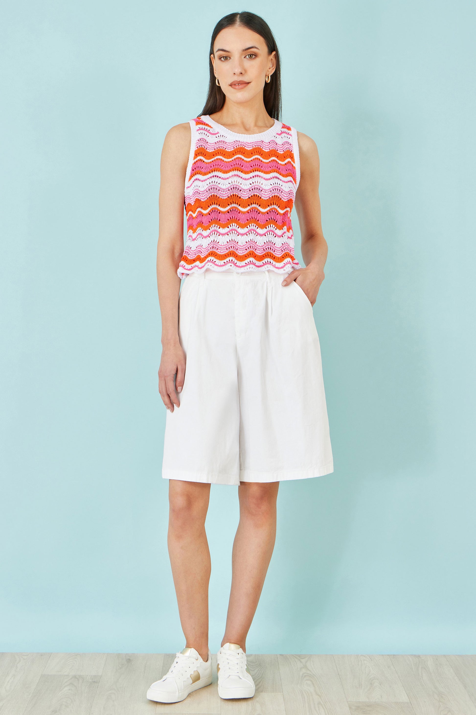 Yumi Orange Stripe Crochet Stripe Vest Top Knit Top Yumi