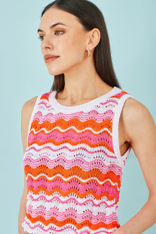 Yumi Orange Stripe Crochet Stripe Vest Top Knit Top Yumi