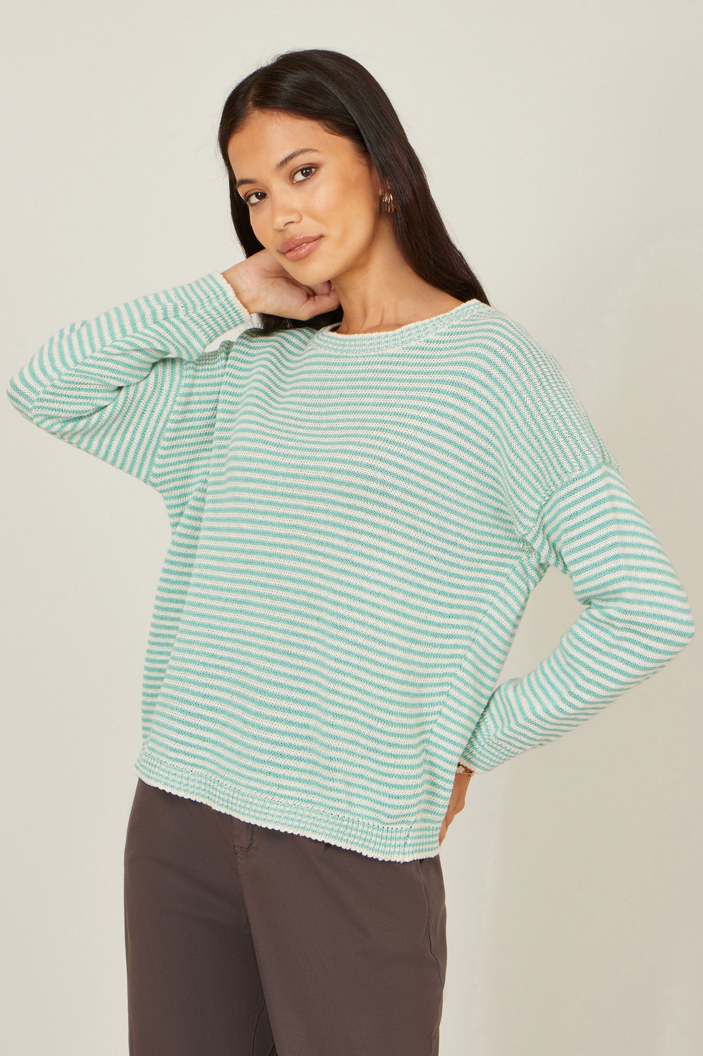Yumi Sea Green Knitted Stripe Relaxed Jumper Knit Jumper Yumi