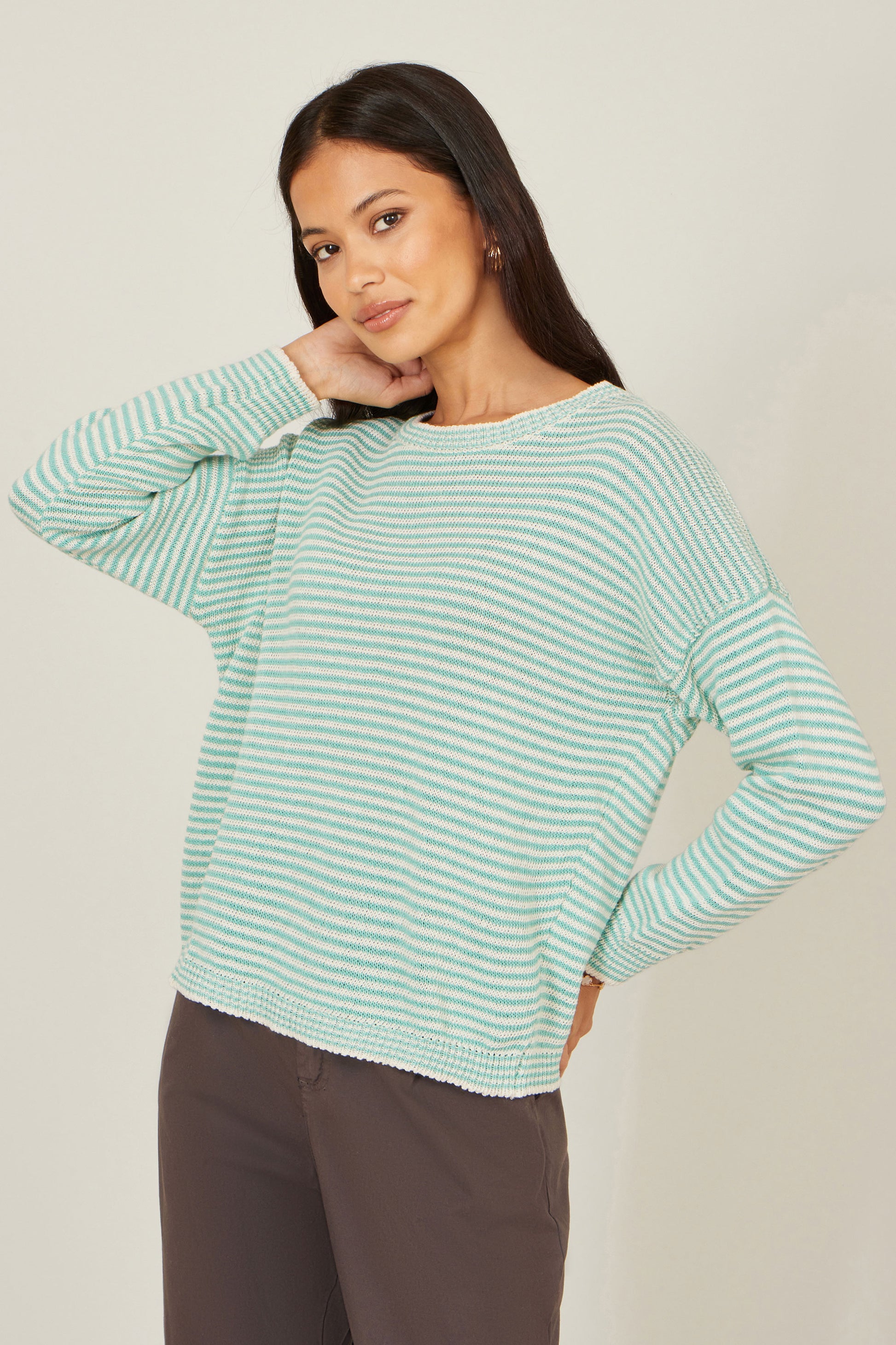 Yumi Sea Green Knitted Stripe Relaxed Jumper Knit Jumper Yumi