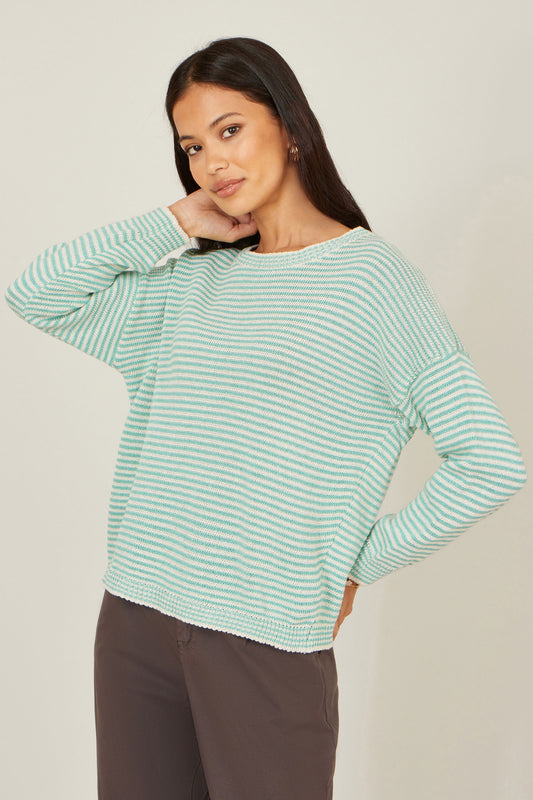 Yumi Sea Green Knitted Stripe Relaxed Jumper Knit Jumper Yumi