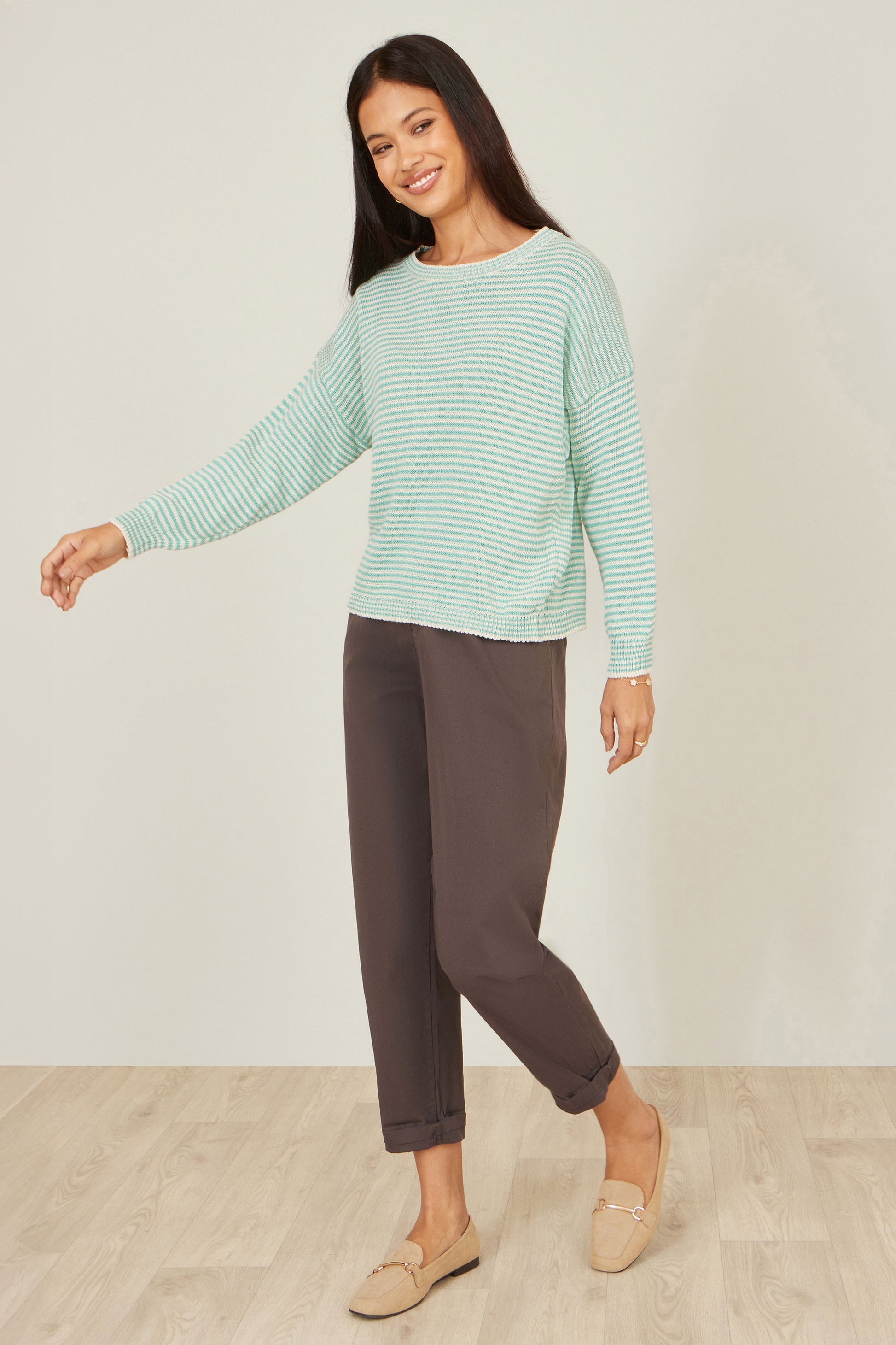 Yumi Sea Green Knitted Stripe Relaxed Jumper Knit Jumper Yumi