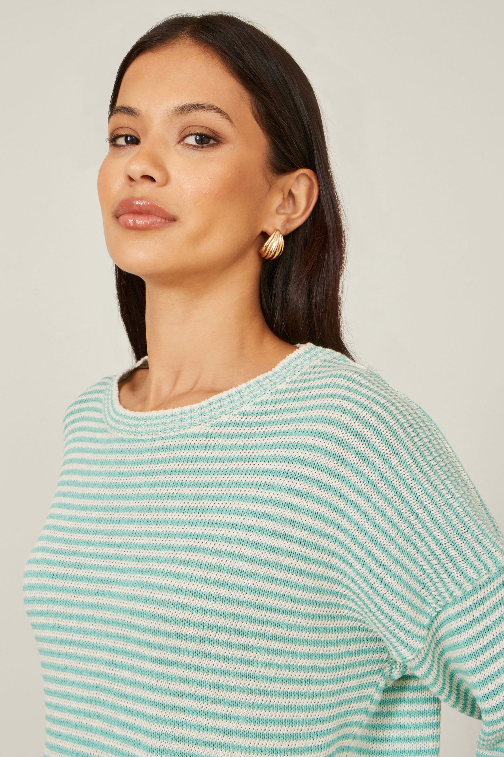 Yumi Sea Green Knitted Stripe Relaxed Jumper Knit Jumper Yumi