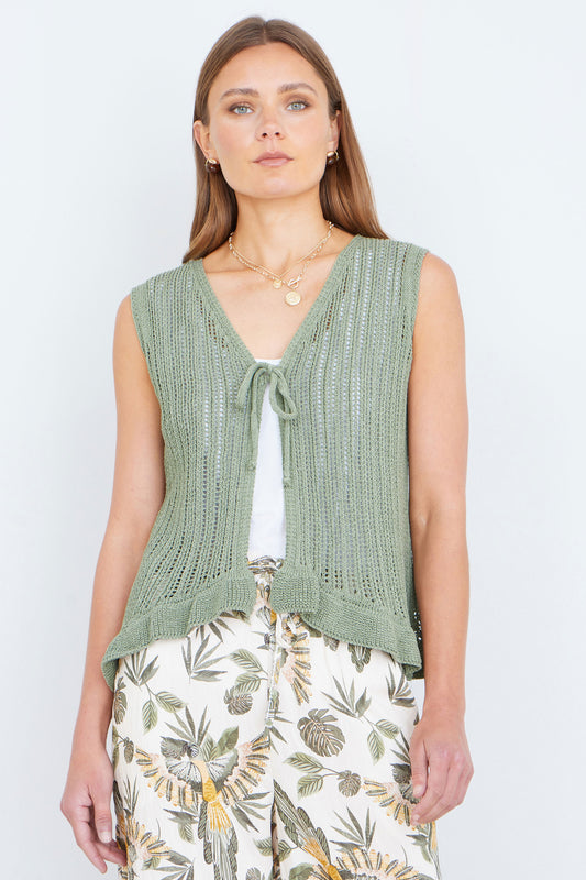 Yumi Green Knitted Cotton Tie Waistcoat Top