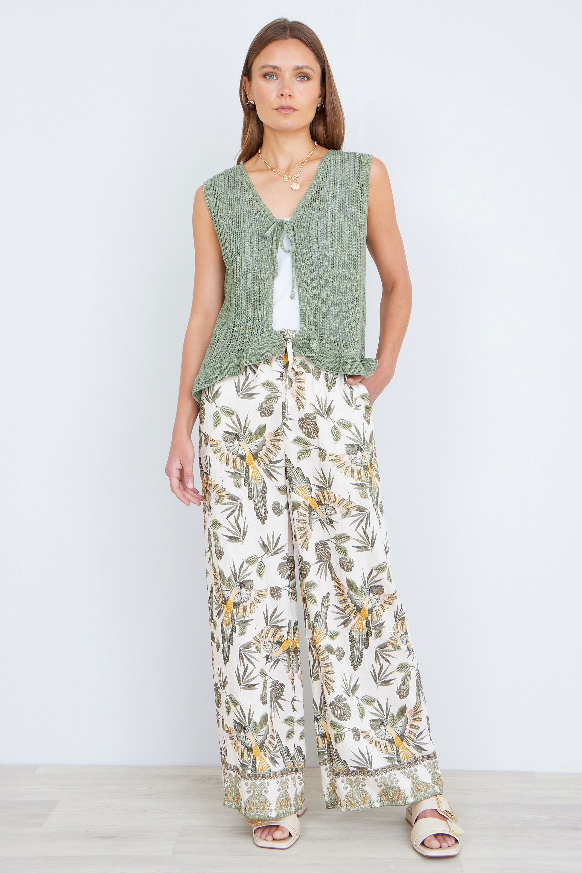 Yumi Green Knitted Cotton Tie Waistcoat Top Knit Top Yumi