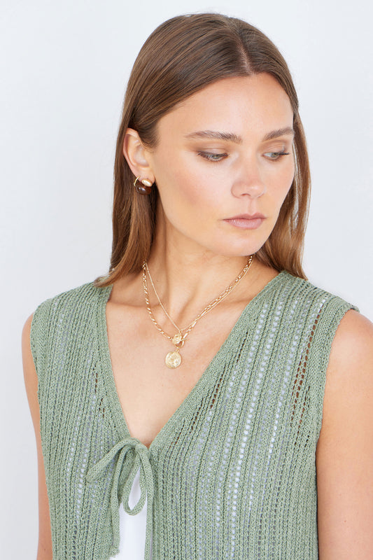 Yumi Green Knitted Cotton Tie Waistcoat Top