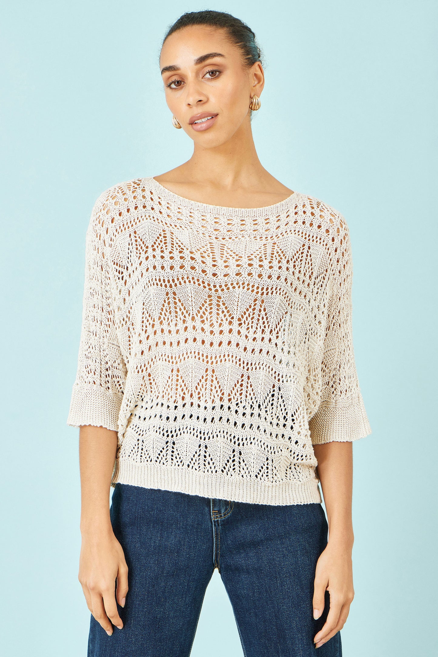 Yumi Beige Cotton Mix Relaxed Fit Pointelle Jumper Knit Jumper Yumi