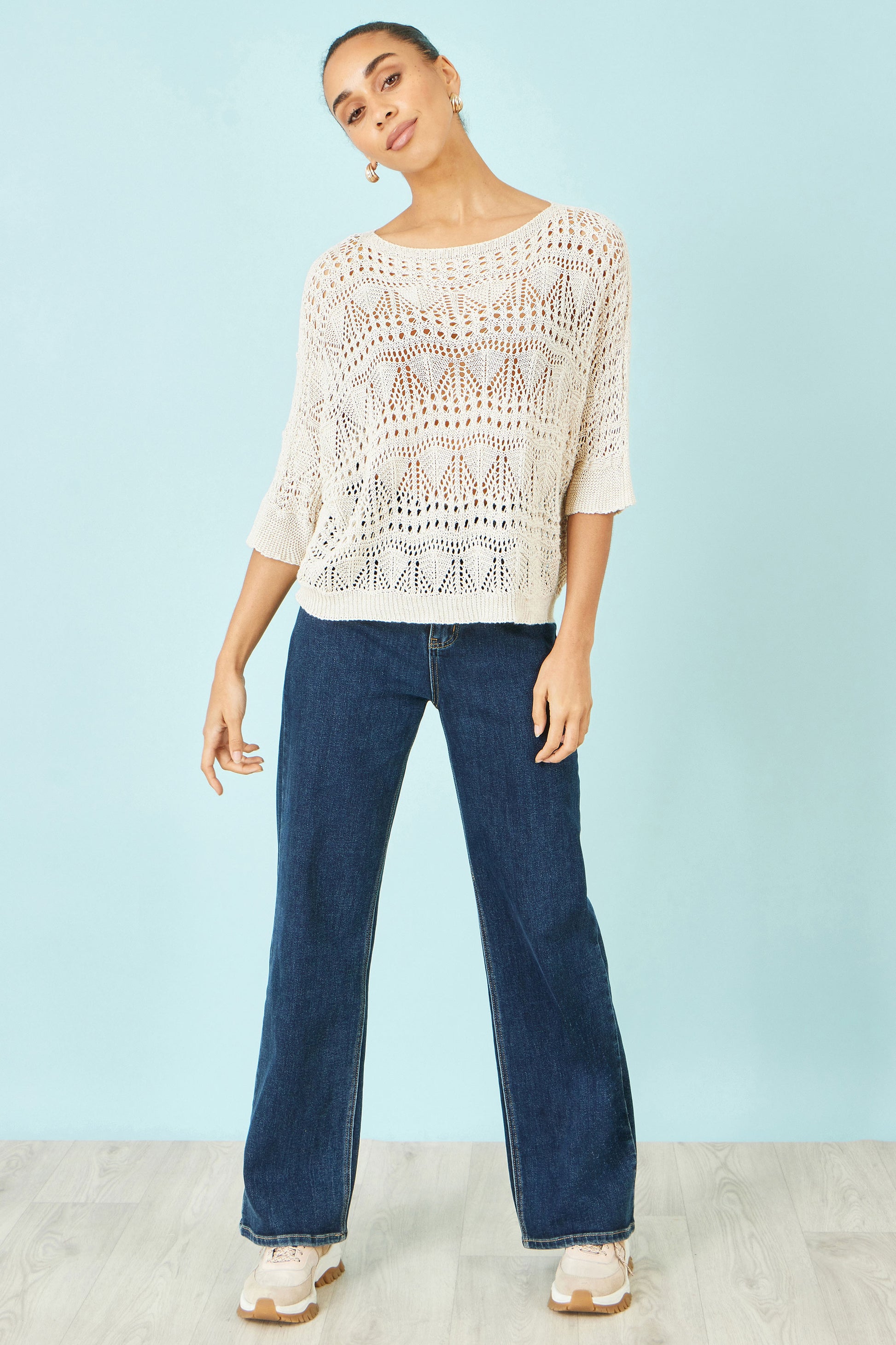 Yumi Beige Cotton Mix Relaxed Fit Pointelle Jumper Knit Jumper Yumi