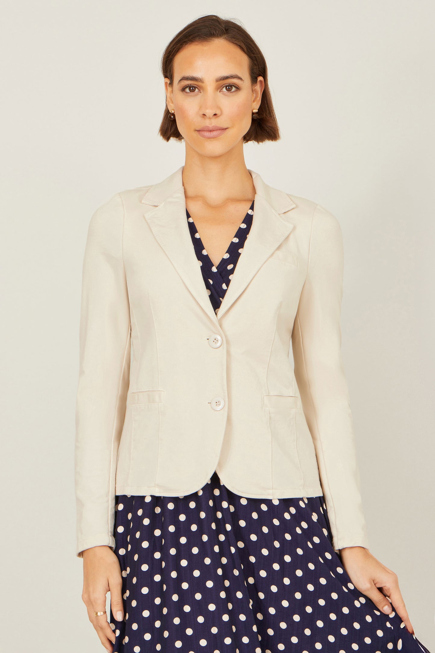 Yumi Beige Stretch Cotton Blazer Outerwear Yumi