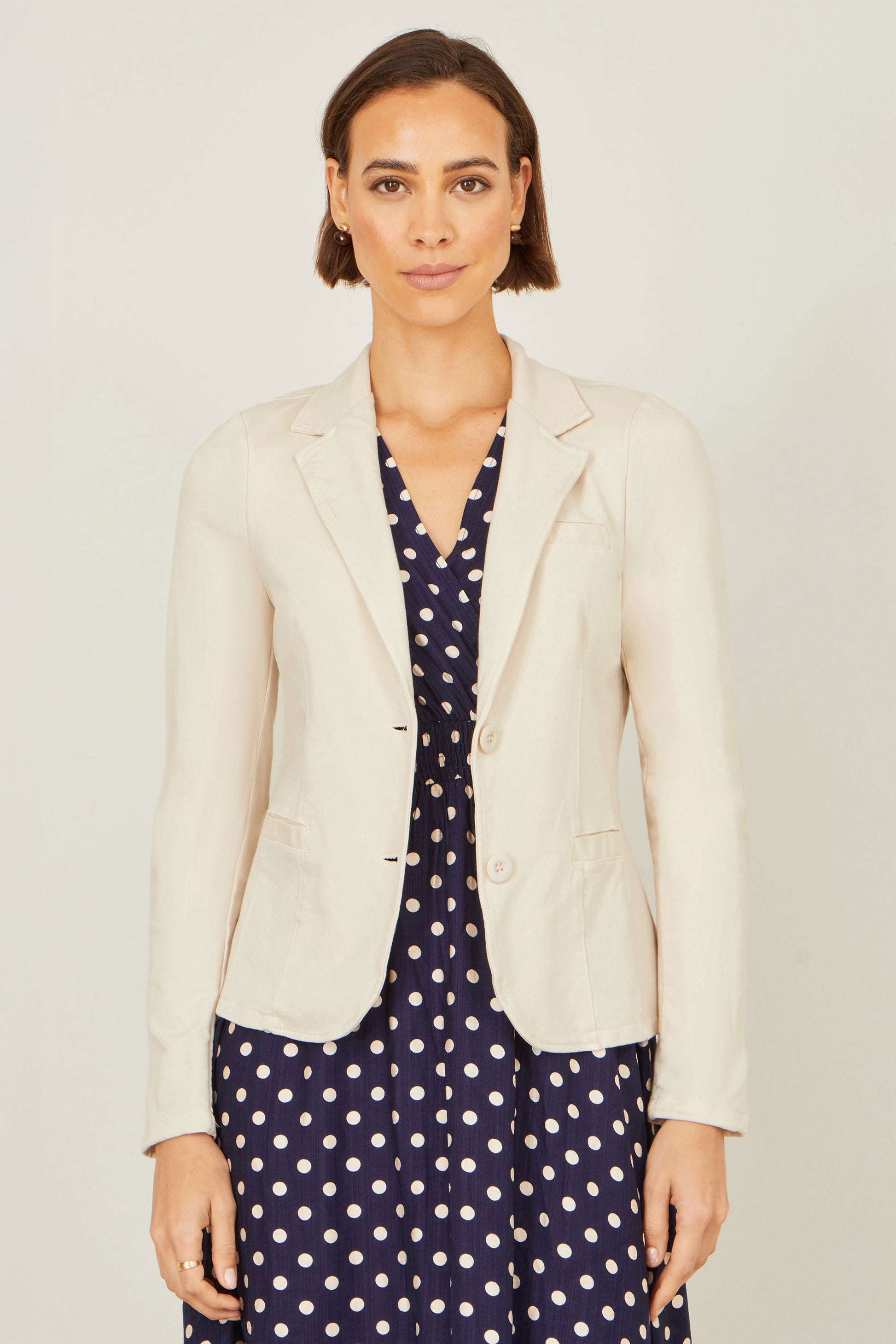 Yumi Beige Stretch Cotton Blazer Outerwear Yumi