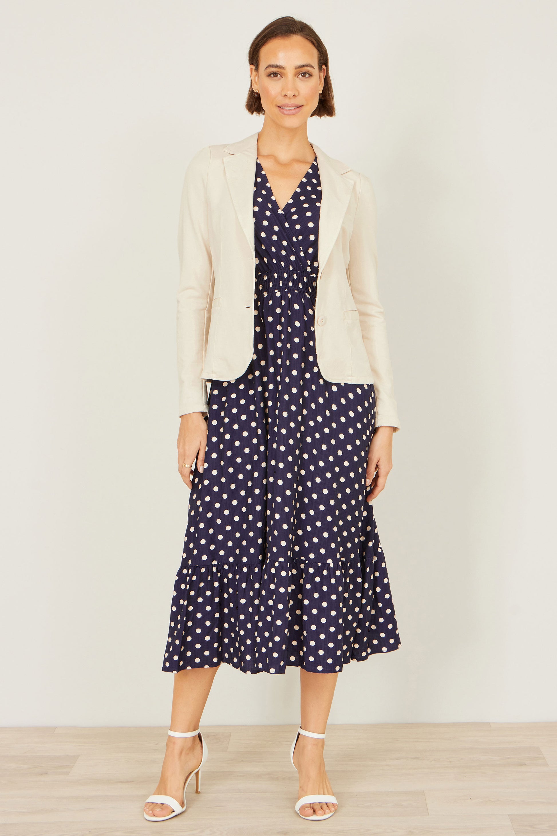 Yumi Beige Stretch Cotton Blazer Outerwear Yumi