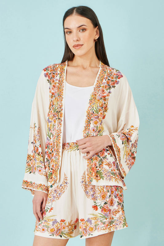 Yumi Ivory Viscose Floral Border Kimono With Tie Belt Outerwear Yumi