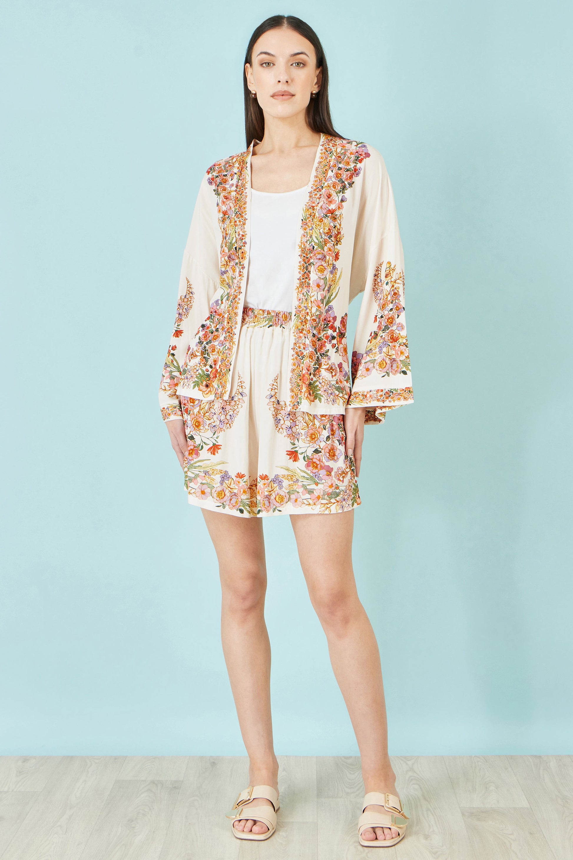 Yumi Ivory Viscose Floral Border Kimono With Tie Belt Outerwear Yumi