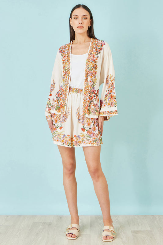 Yumi Ivory Viscose Floral Border Kimono With Tie Belt Outerwear Yumi