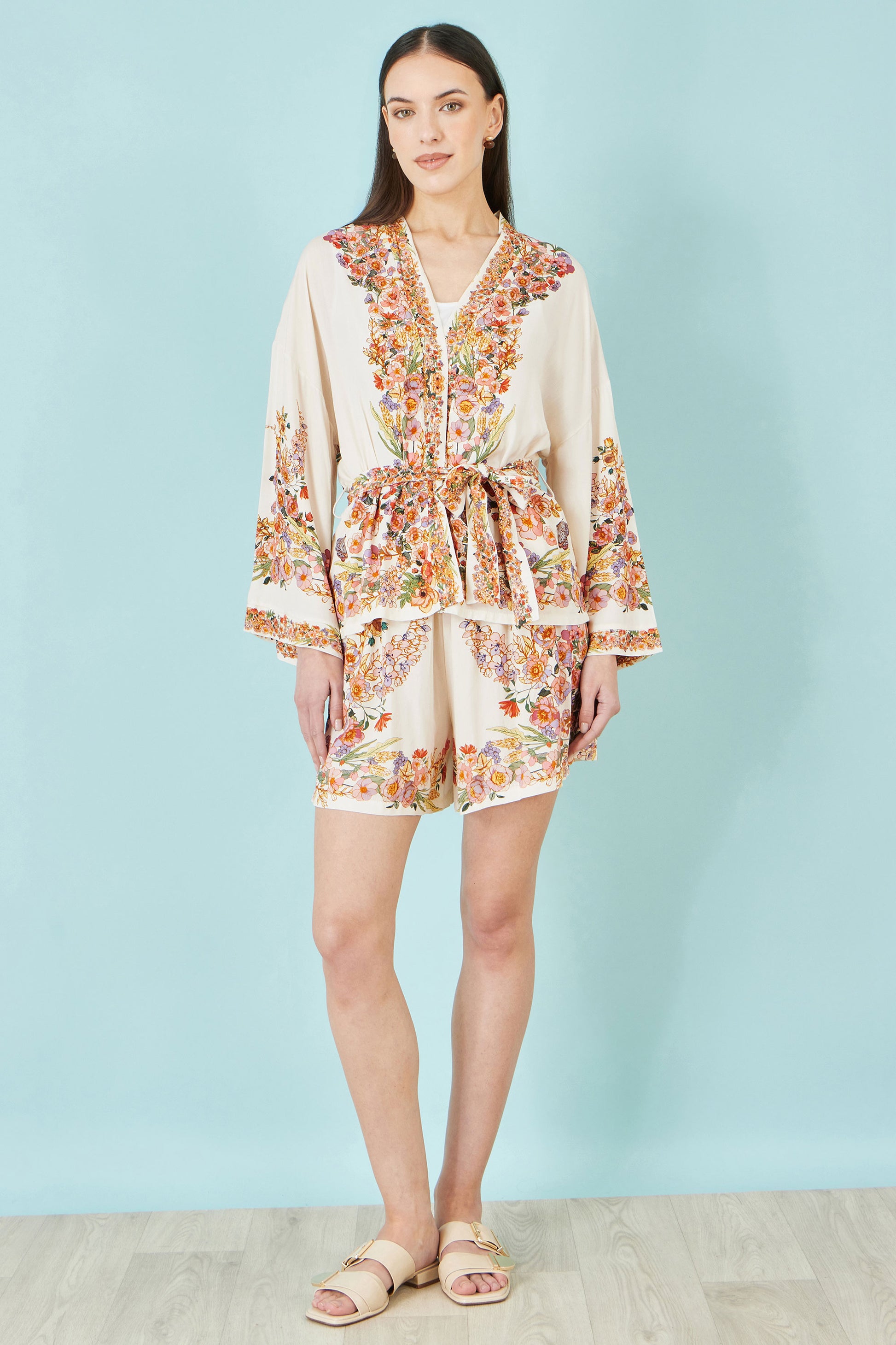 Yumi Ivory Viscose Floral Border Kimono With Tie Belt Outerwear Yumi