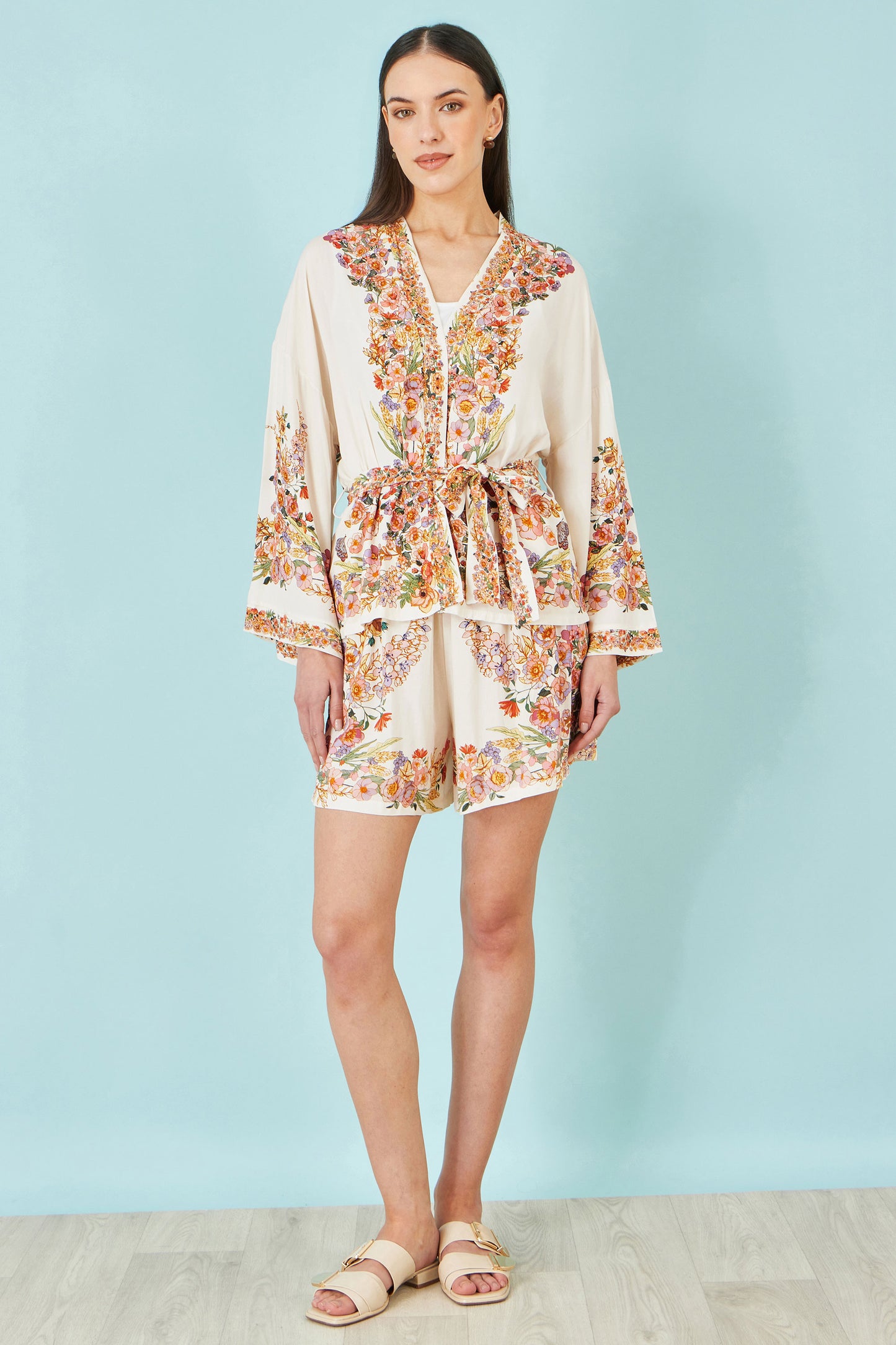 Yumi Ivory Viscose Floral Border Kimono With Tie Belt Outerwear Yumi