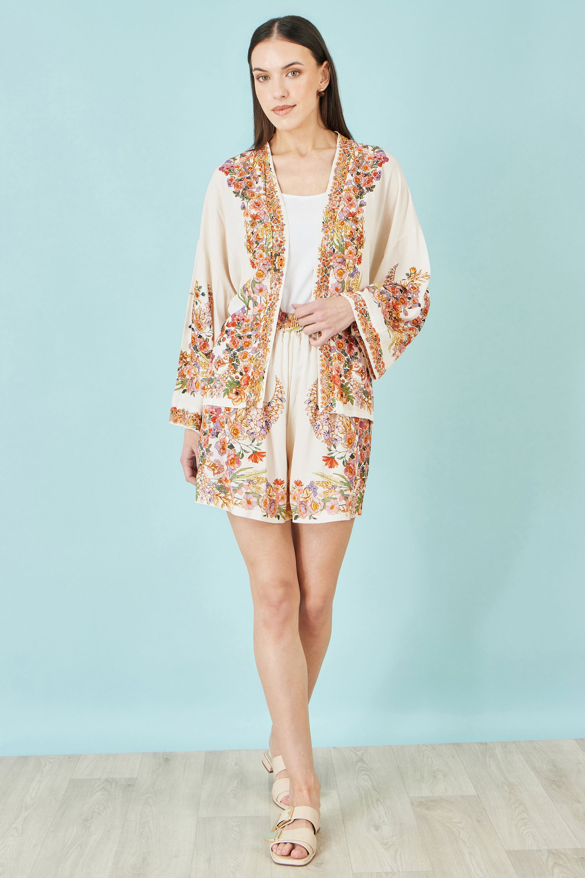 Yumi Ivory Viscose Floral Border Kimono With Tie Belt Outerwear Yumi