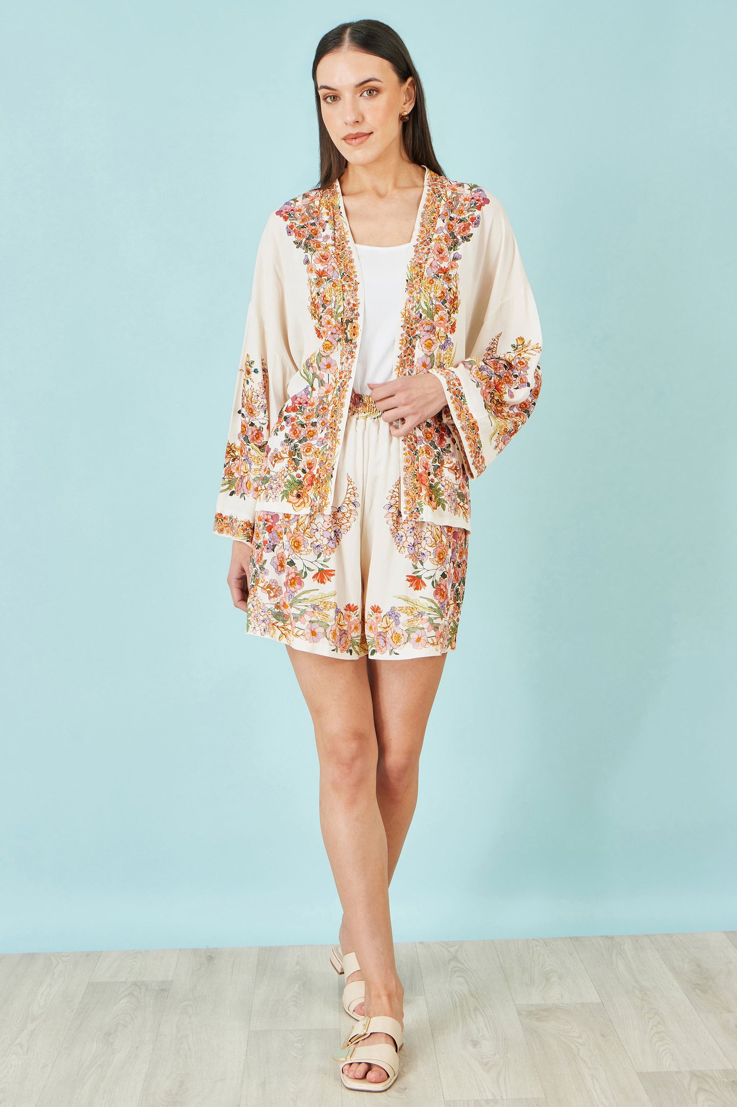 Yumi Ivory Viscose Floral Border Kimono With Tie Belt Outerwear Yumi