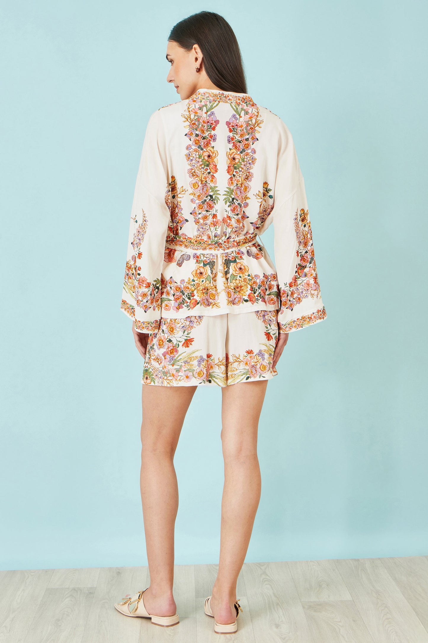 Yumi Ivory Viscose Floral Border Kimono With Tie Belt Outerwear Yumi