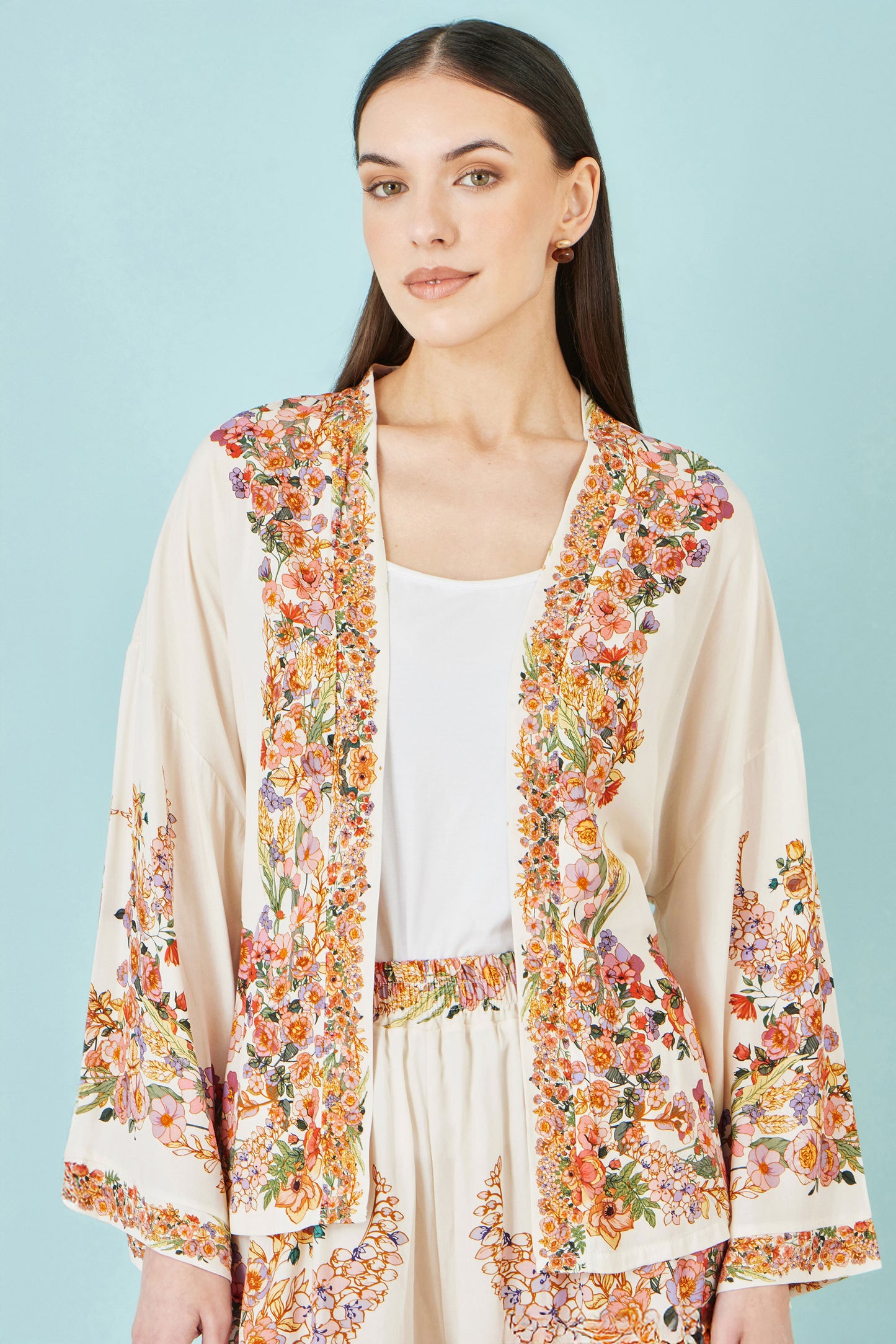 Yumi Ivory Viscose Floral Border Kimono With Tie Belt Outerwear Yumi