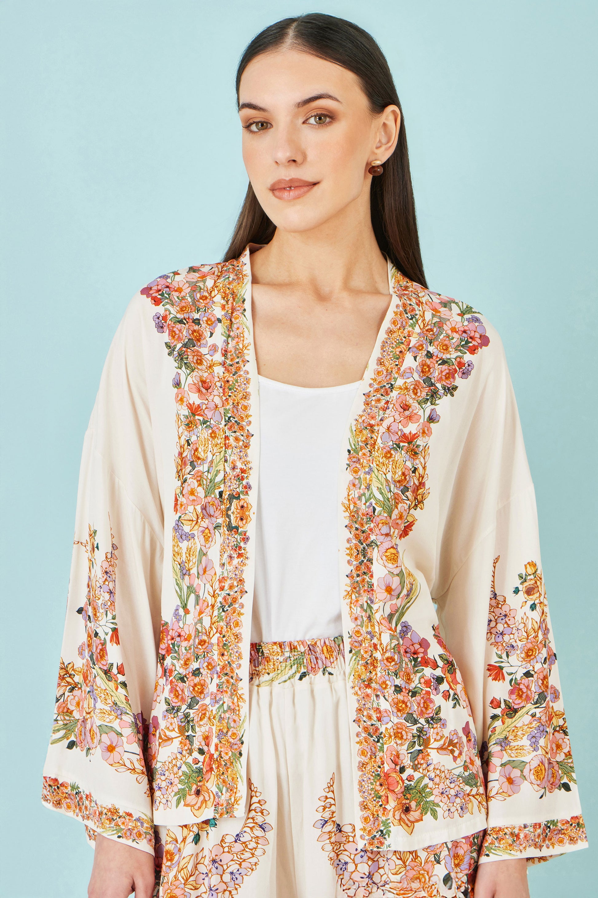 Yumi Ivory Viscose Floral Border Kimono With Tie Belt Outerwear Yumi